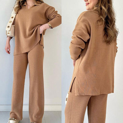 Aida | V-Neck Casual Slit Knitted Two-Piece Set